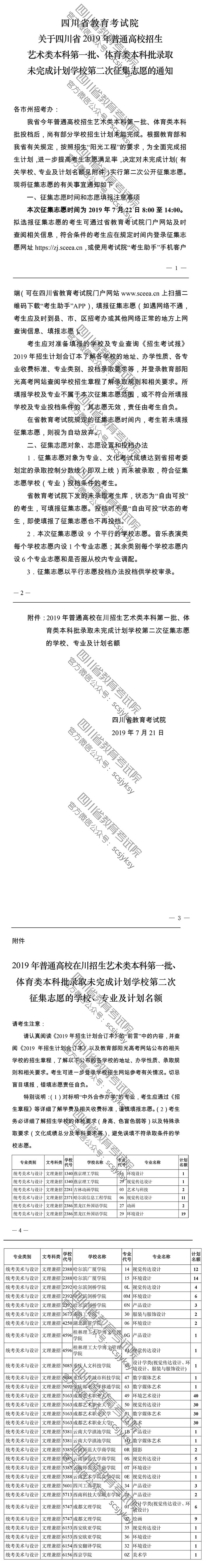 關(guān)于四川省2019年普通高校招生藝術(shù)類本科第一批、體育類本科批錄取未完成計(jì)劃學(xué)校第二次征集志愿的通知
